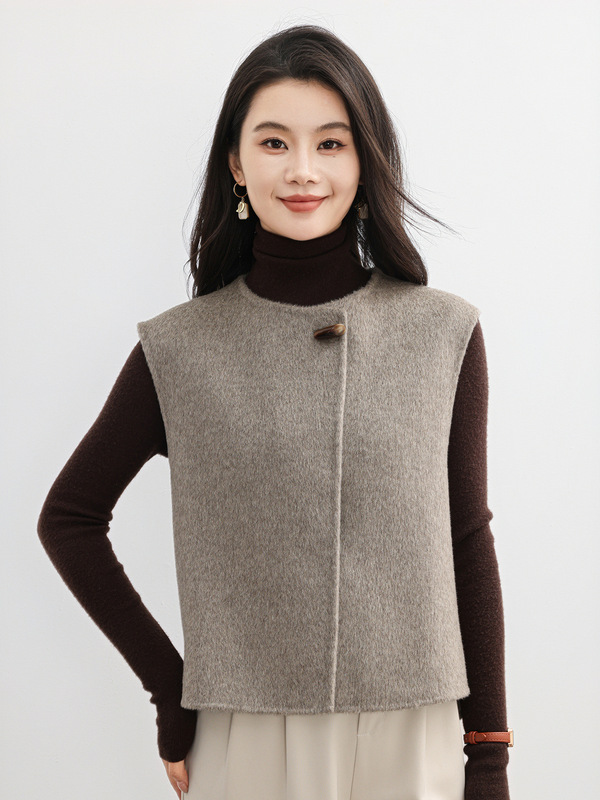 通勤灰色斜门襟圆领羊毛马甲女2025春秋季新款时尚洋气呢子坎肩女|undefined