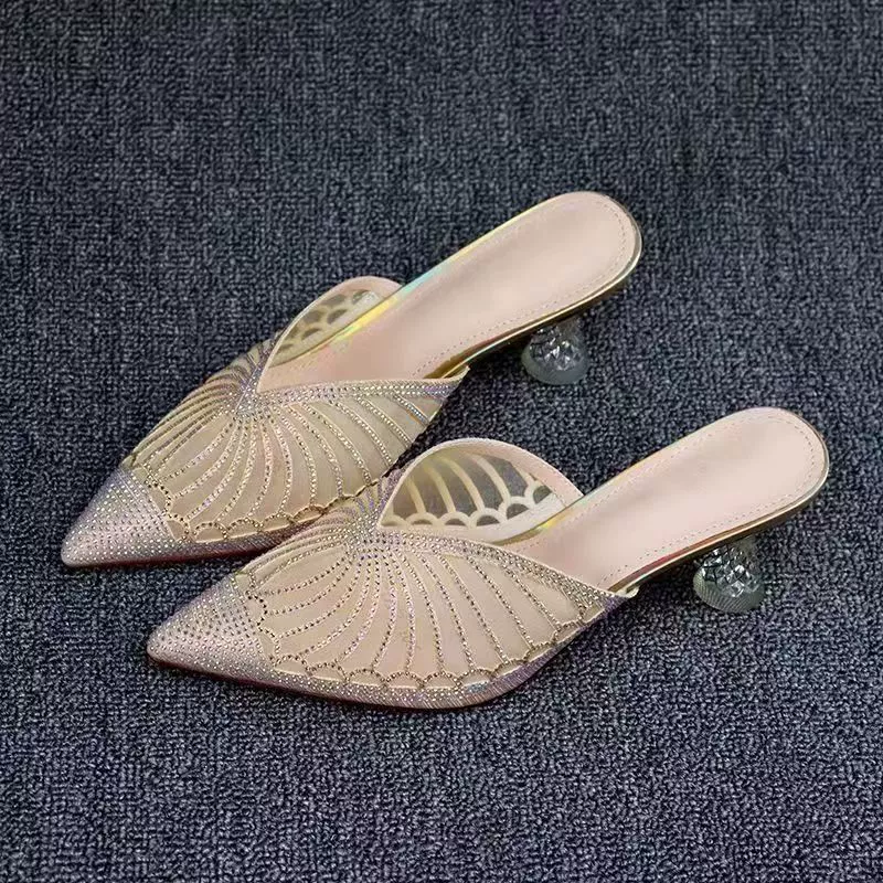 Баотоу половина тапочек женская летняя спотовая новая сетчатая пряжа со стразами с острыми каблуками