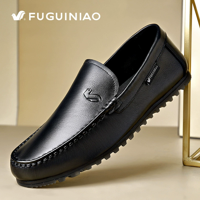 Rich Bird Low Four Seasons Black White yellow spot Single -layer leather bean shoes Male round head flat heel leather single shoes