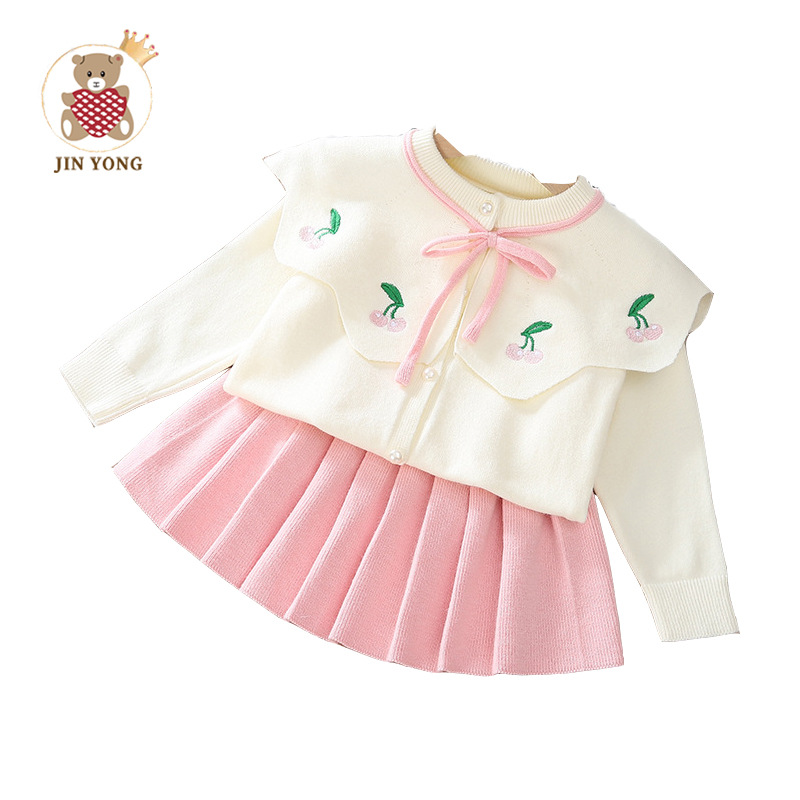 Höst och vinter Nya söta flickor Tecknad körsbärsstickad rosett Stor flipkrage Söt tröja Set kjol_voghion.com