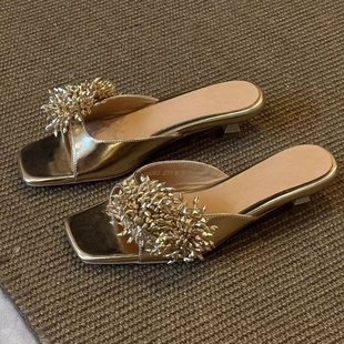 Patent Leather ~ Gold Rhinestone Flower Sandals for Women, Thick Heel Slippers, Summer Fashionable Square Toe Sandals