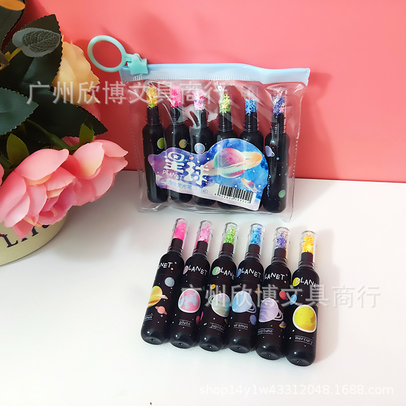 Exaltador de modelado de dibujos animados múltiples, 6 bolsas, diagonales, notas, puntos clave, estudiantes de primaria, marcadores, graffiti