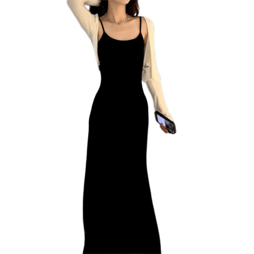 Black Strap Dress for Girls and Boys - Summer 2025 New Arrival - Spicy and Stylish - French Chic - Fitted Waist and Hip-Hugging Long Dress