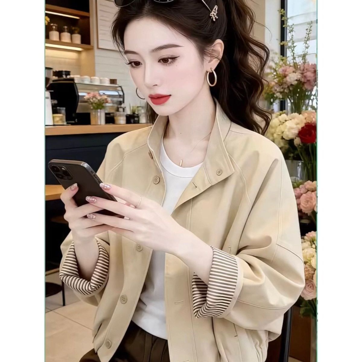 2026 Spring New Trendy Short Jacket for Women, Korean Style, Youthful Striped Patchwork, Slimming Stand Collar Top