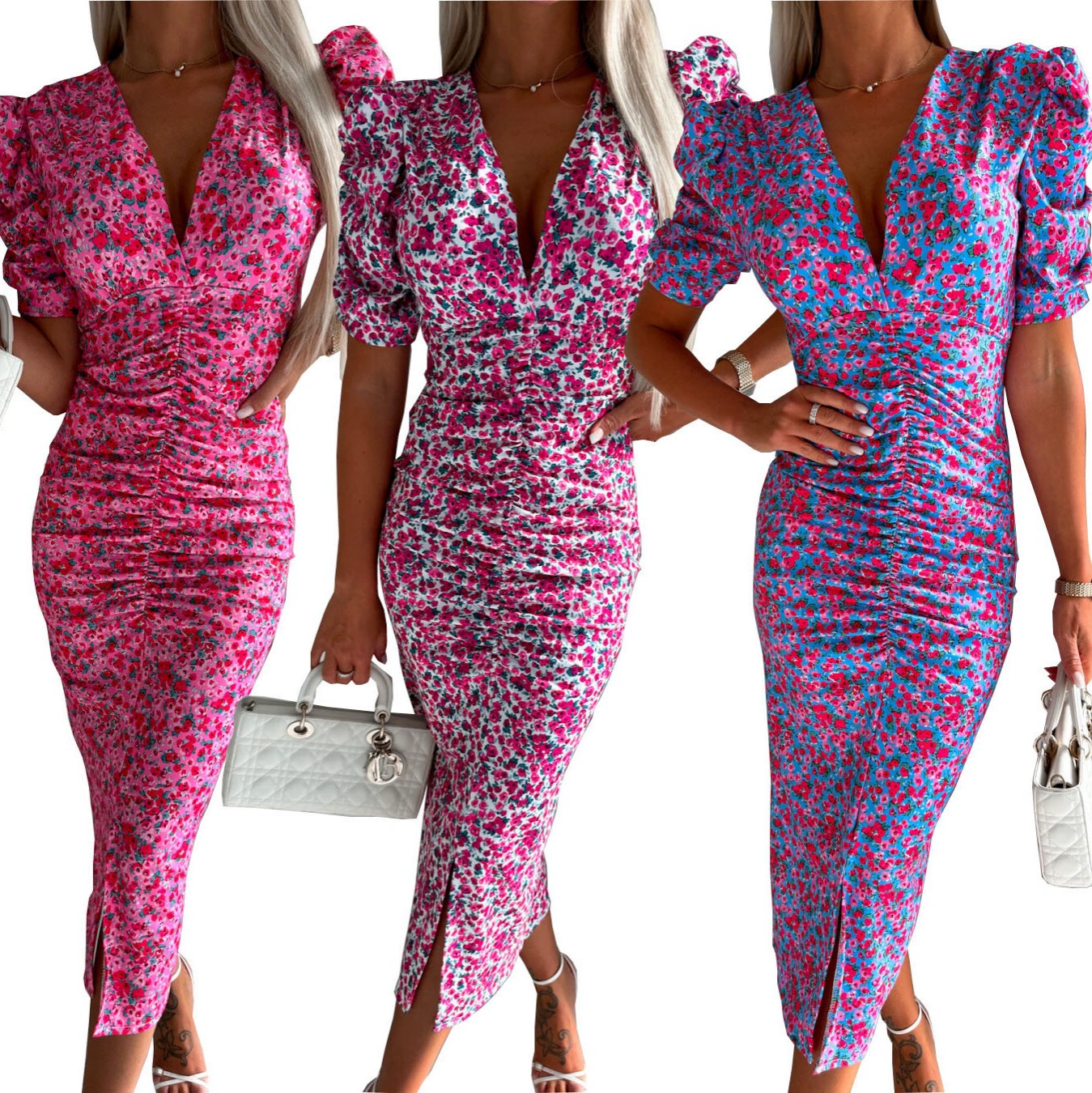 AliExpress европейское и американское трансграничное женское платье Amazon с глубоким v-образным вырезом и короткими рукавами с цветочным принтом, 3 цвета