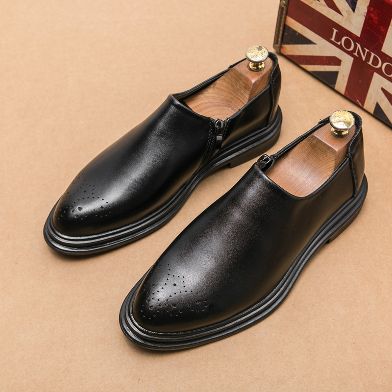 Estilo coreano de moda tallado zapatos de cuero puntiagudos de negocios de los hombres ropa formal perezoso slip-on zapatos de plataforma cremallera lateral zapatos de cuero Casuales