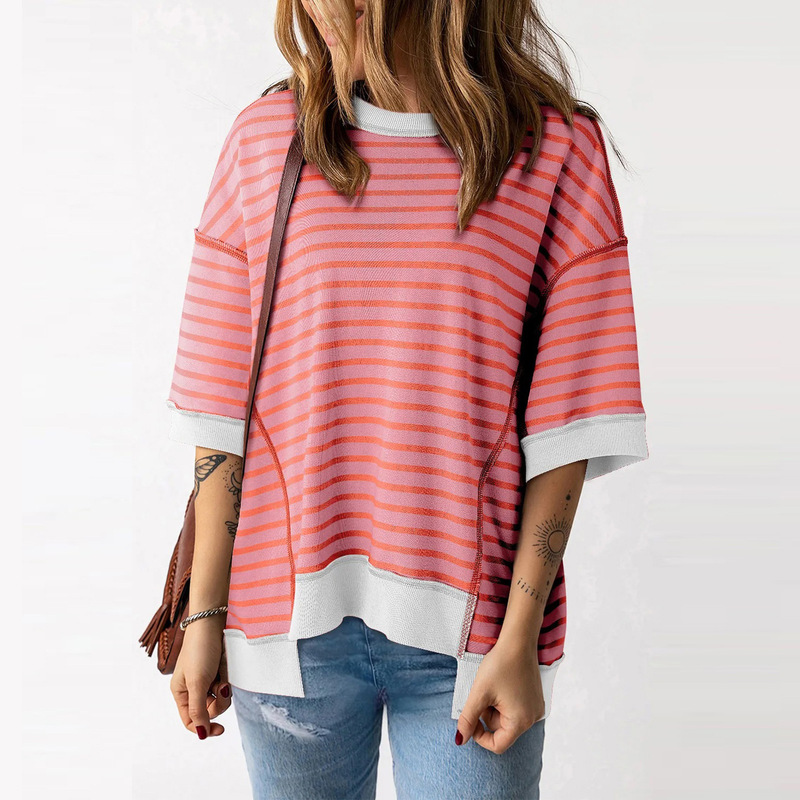 時穎の夏の新型のストライプは色の半袖のtシャツの女性の2024欧米のカジュアルでゆったりしているoversizeのプルオーバーをつづり合わせます。|undefined