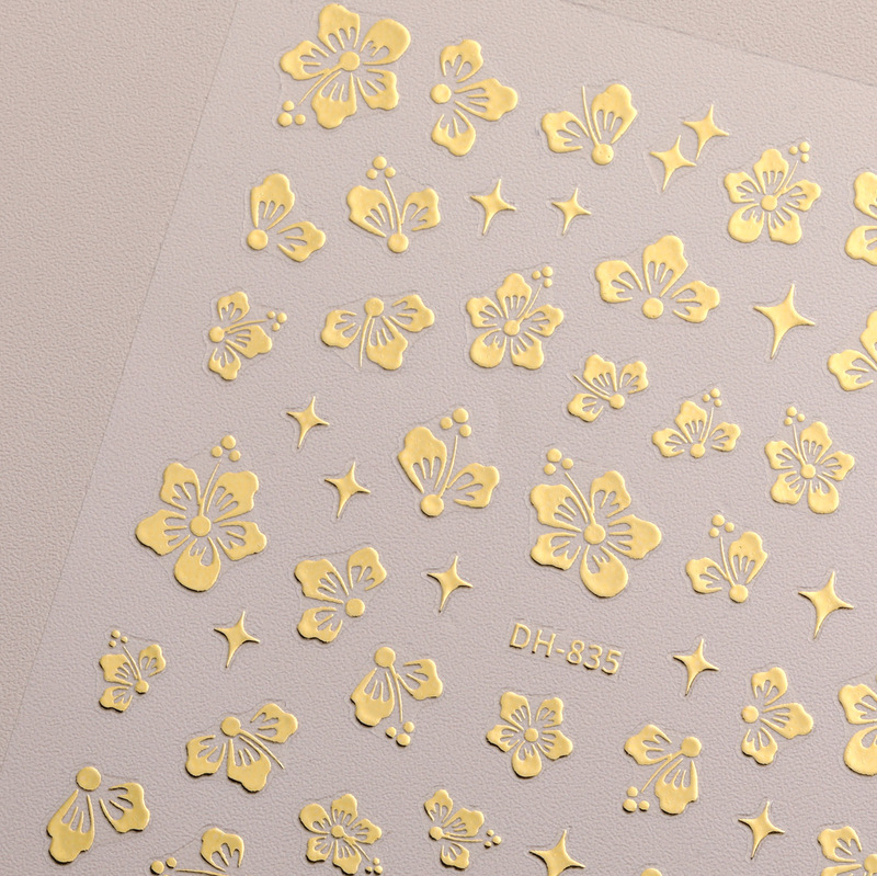 Cross-border hibiscus flower nail sticker paper with adhesive small fresh gilding silver flower nail sticker jewelry DH835