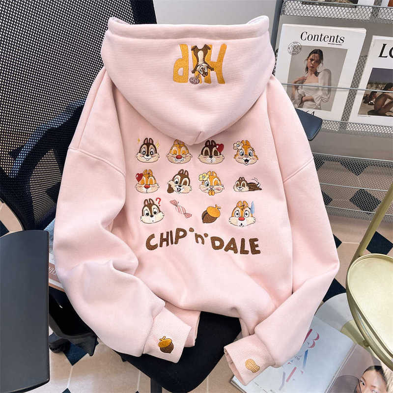 Korean Style Cute and Sweet Velvet Thickeneded Hooded Sweatshirt for Women in Autumn and Winter European Fashion Style Embroidered Tops and Jackets