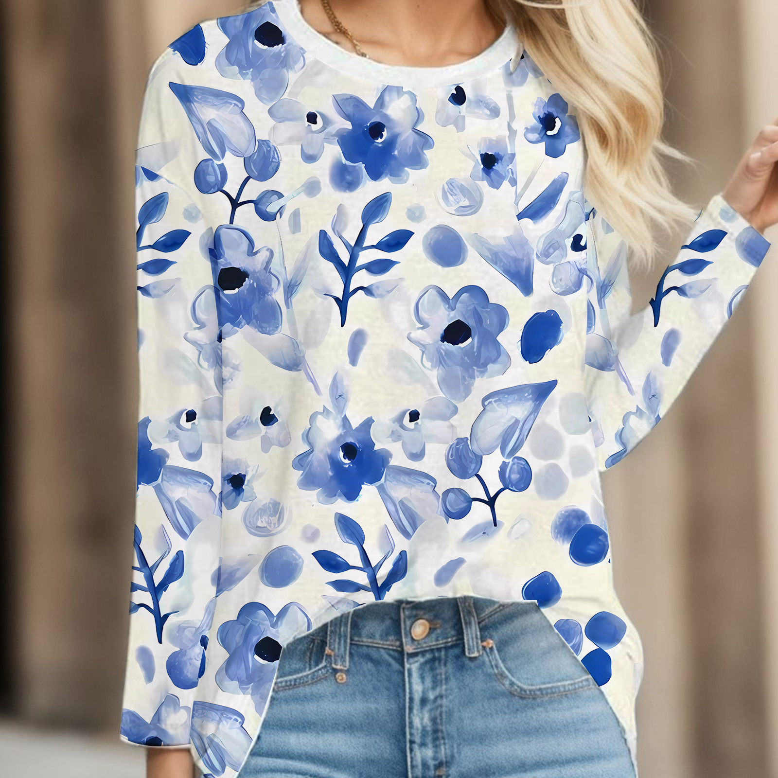 Transfronterizo otoño e invierno nuevas señoras casual cuello redondo Pascua impresión digital casual suelto cuello redondo suéter de manga larga para mujer