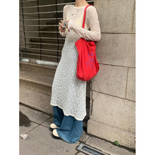 重工钩花连衣裙女秋冬蕾丝裙叠穿长款透视裙子白色长裙