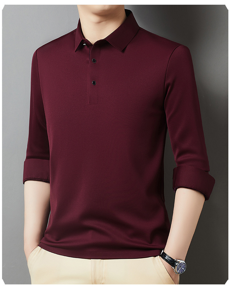 T-shirt a maniche lunghe da uomo in peluche spesso 2024 Autunno / inverno Nuova camicia di base in tinta unita con risvolto business di mezza età_voghion.com