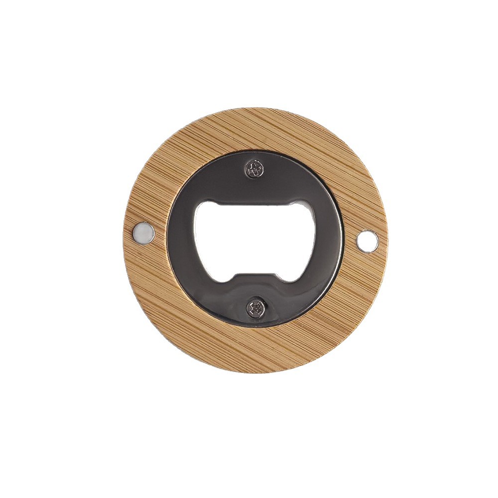 Etiquetado transfronterizo de madera sólida redonda abrebotellas de cerveza refrigerador de bambú acero inoxidable abertura de botellas de magnetismo abrebotellas