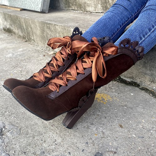 Lace-up Heeled Short Boots, Size 43, Plus Size, European and American Style, Autumn/Winter Single Boots