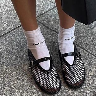 Cowhide round toe niche fish mesh hollow ballet shoes women's new fashionable simple flat belt buckle shoes