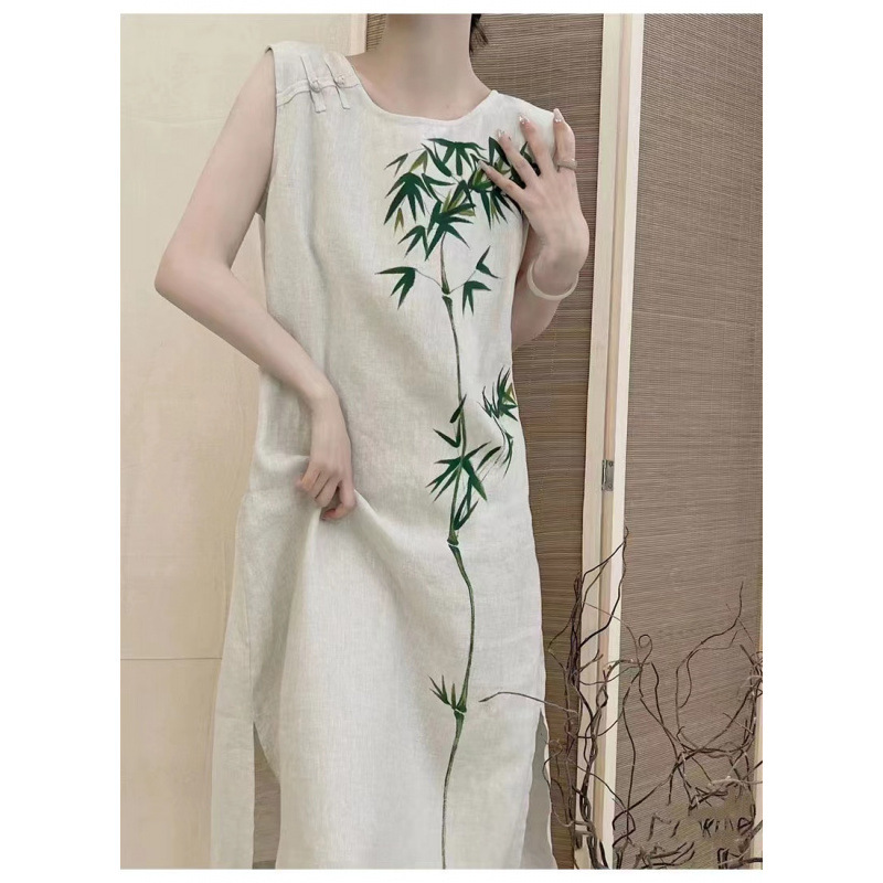 Summer New Chinese Style Cotton and Linen Improved Cheongsam Dress Retro Printed Bamboo Sleeveless Vest Slit Long Skirt