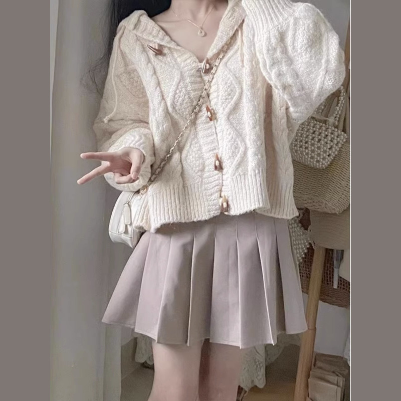 可盐可甜奶乖系韩剧奶糯风针织毛衣牛角扣开衫外套女装秋冬小个子|undefined