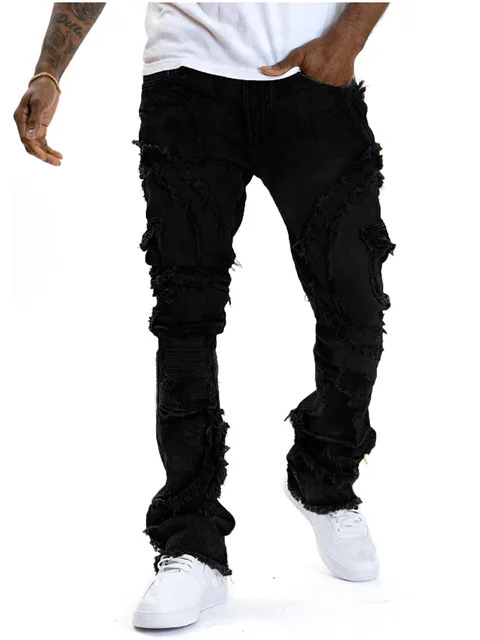 Transfronterizo para hombres europeos y estadounidenses agujeros microliscados Jeans elásticos Amazon Aliexpress TEMU nuevo