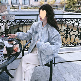 独特好看蓝色立领提花棒球服外套女春秋2025新款高级感夹克上衣