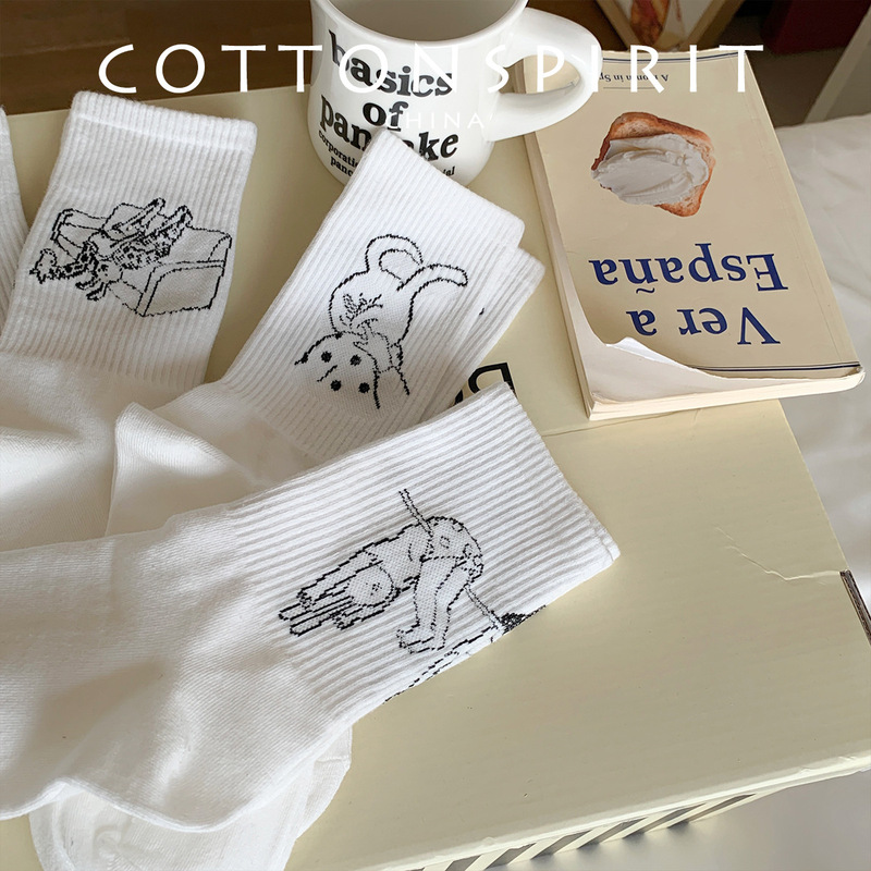 Lazy Rabbit White Socks Women's Medium Socks Ins Trendy Cotton Spring and Autumn Japanese Illustration Sports Socks Lazy Rabbit White Socks Women's Medium Socks Ins Trendy Cotton Spring and Autumn Japanese Illustration Sports Socks