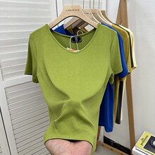 正肩短袖打底衫纯色显瘦t恤桃心宽松打底V领恤女内搭t恤女弹力