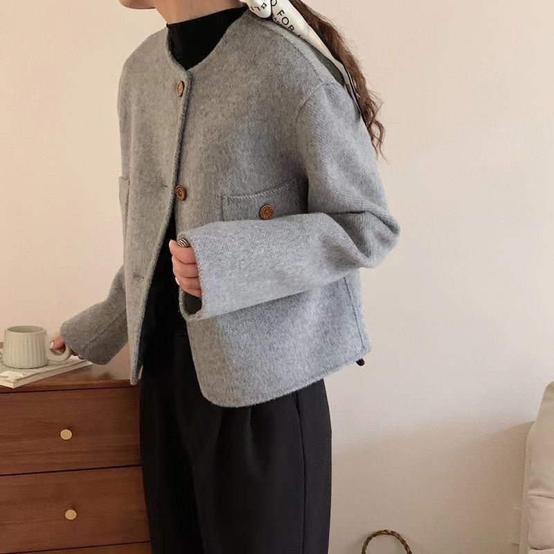 秋季新款长毛短款双面羊毛大衣女小个子设计感小香风毛呢外套潮|undefined