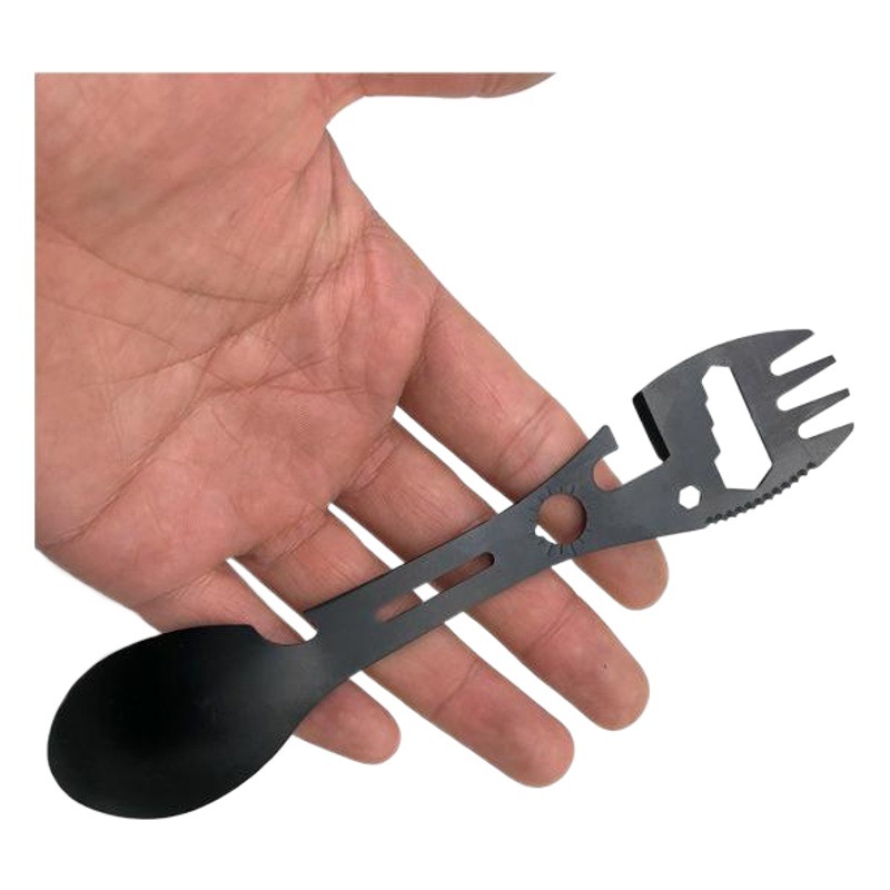 En stock suministro 10-en-1 multifuncional acampar al aire libre supervivencia tenedor cuchara cocina multifuncional llave abridor de botellas cuchara
