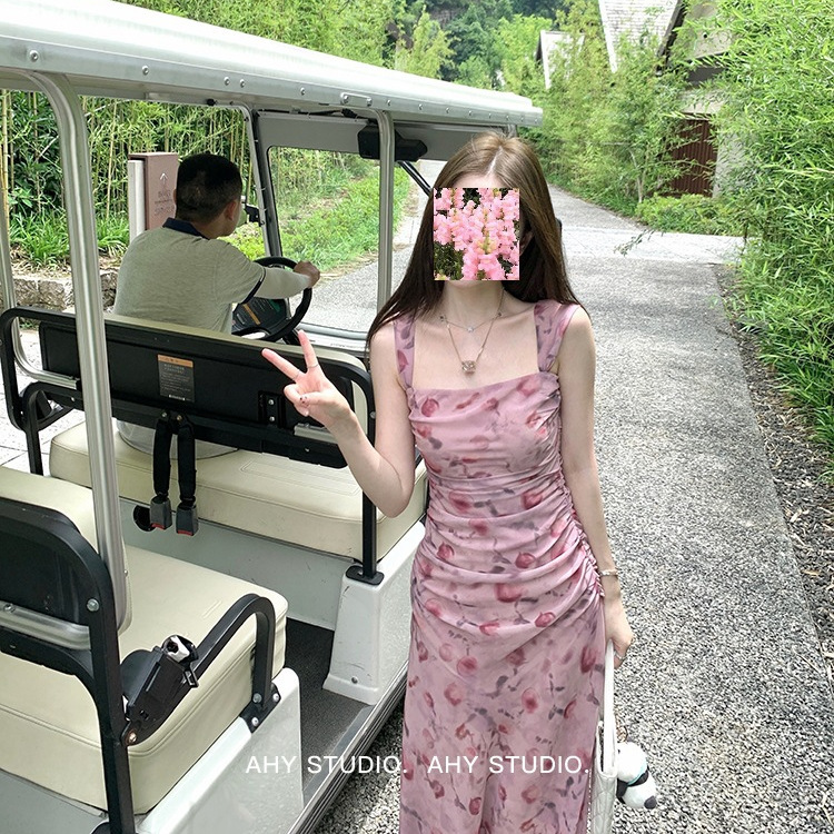 Seaside Holiday Pink Floral Sling dress Women's 2024 Summer New Slim-fit Elegant Beautiful Sleeveless Long Dress Seaside Holiday Pink Floral Sling dress Women's 2024 Summer New Slim-fit Elegant Beautiful Sleeveless Long Dress