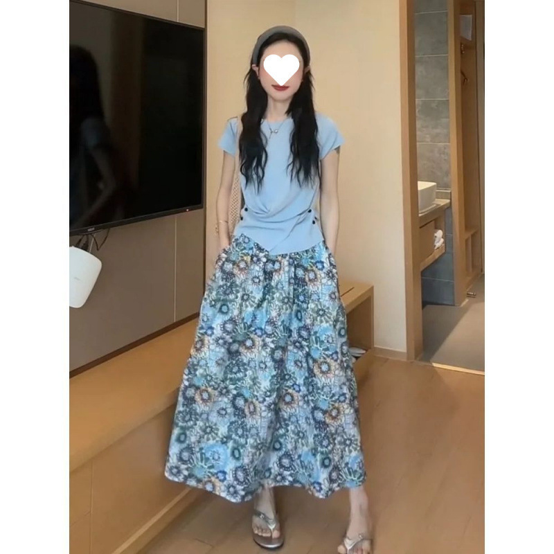 デザインラウンドネックウエスト半袖セーター+スカート2点セット女性用2025春夏新作ファッションスーツ|undefined