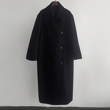90羊毛10羊绒双排扣大衣 尖领和双驳领廓形GAO级呢子长外套黑色