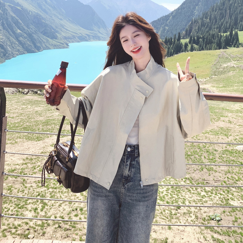 Beige Korean Style Short Stand-Up Collar Pu Leather Jacket for Women 2025 Autumn New Style Casual Versatile Jacket Top for Small People