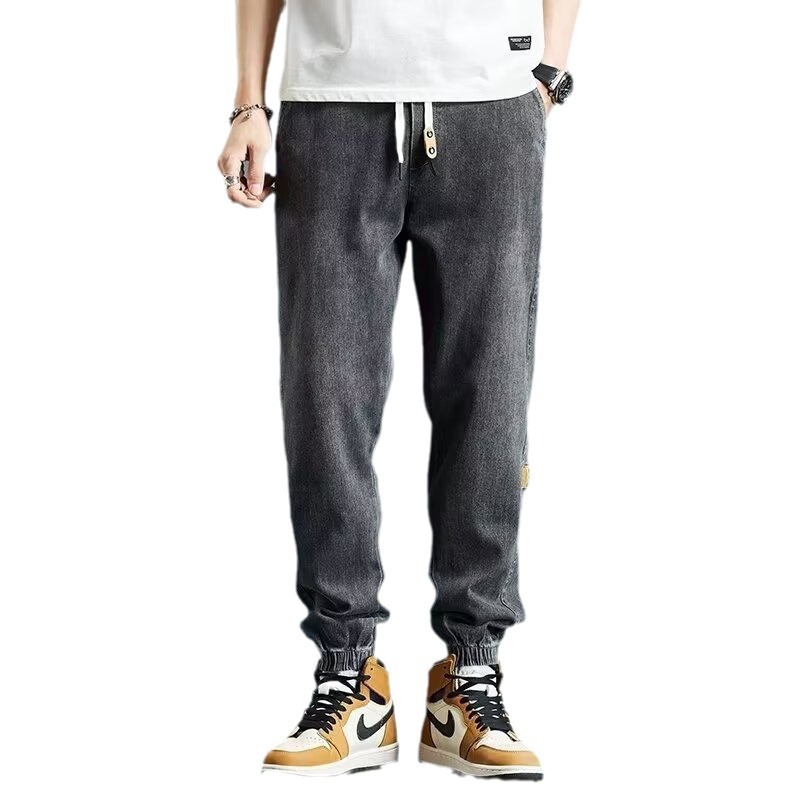 2024 primavera y otoño pantalones vaqueros de cintura elástica todo fósforo para hombres, pantalones de pierna ancha rectos sueltos para adolescentes de la calle principal