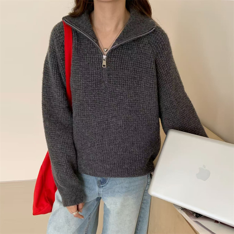 设计感高领半拉链华夫格针织衫上衣女秋冬新款气质宽松套头毛衣女|undefined