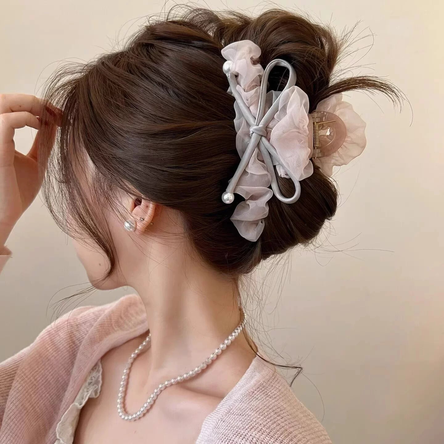 44#[mist pink] mesh pearl three-dimensional bow tie about 13cm