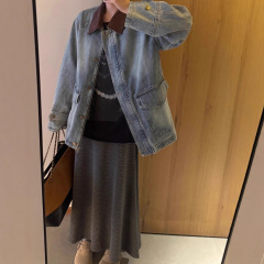 韩系慵懒风时尚经典撞色大版休闲牛仔外套女重工麂皮绒翻领夹克
