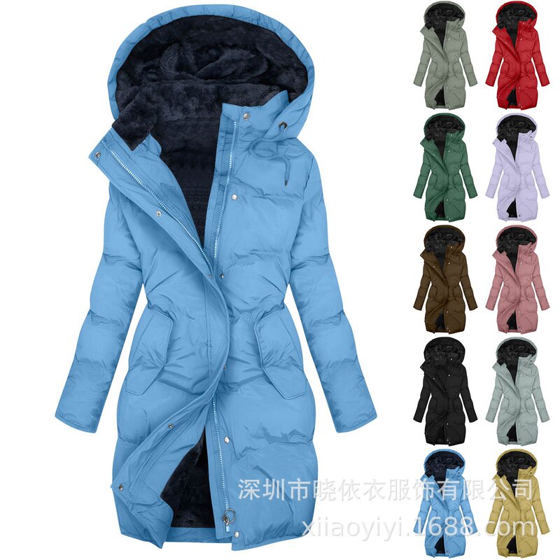 Amazon Cross-Border Foreign Trade New Winter Fleece-Lined Warm Long Fur Collar Pocket Women's Hooded Cotton Coat Jacket