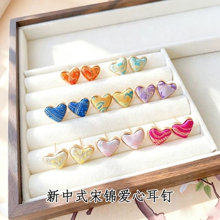 非遗宋锦爱心耳钉女手工成品新中式高级感古风合金耳饰国风配饰耳