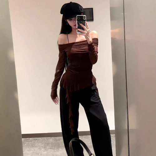 Pure desire style streamer one-length off-shoulder suspender T-shirt for women in autumn new fashionable slim fit versatile short top
