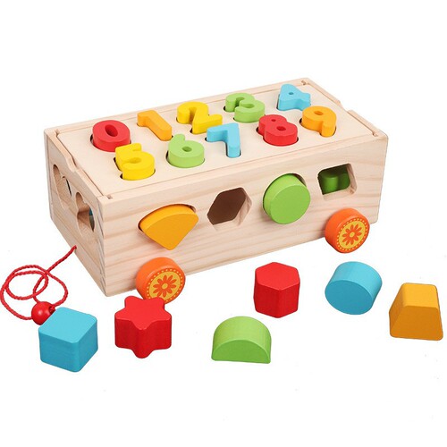 Wooden Educational Toy Multifunctional Intelligence Pull-along Car Box Shape Multi-hole Cognitive Matching Colored Geometric Blocks Car