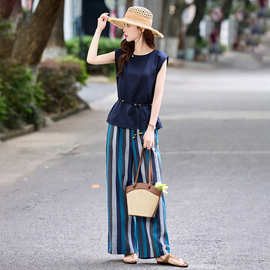 时尚气质通勤亚麻套装女夏新款系带收腰无袖上衣条纹阔腿裤两件套
