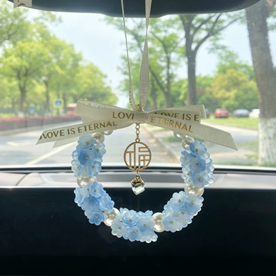 New car pendant, popular car rearview mirror decoration, women's car interior hanging ornament, symbolizing peace and joy (Car hanging) - blue-lily-of-the-valley-with-8-pearls
