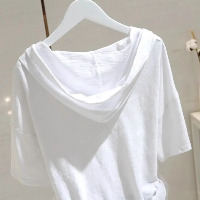 Áo thun nữ cotton 100% tay ngắn có mũ trùm đầu form rộng — Màu đen ((bông tre, mỏng và thoáng khí)) chi tiết 7