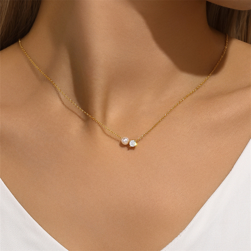 925 sterling silver Chain Material 925 Sterling Silver Zircon Pearl Plating Inlay Geometric Necklace