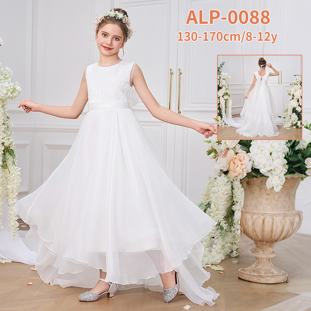 Vestido de niña estilo nuevo, vestido largo blanco, vestido de princesa para cumpleaños de niña, vestido de niña de las flores, vestido para actuación.