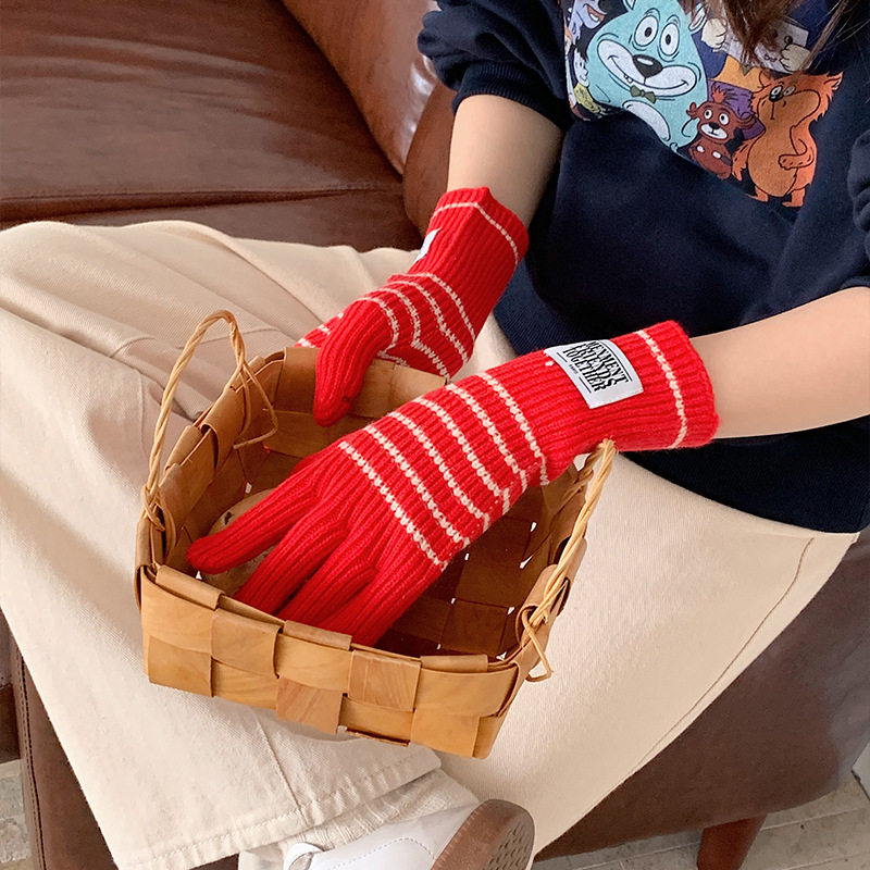 Guantes de punto a rayas coreanas personales de mujer guantes de dedo caliente pantalla táctil guantes de terciopelo ártico
