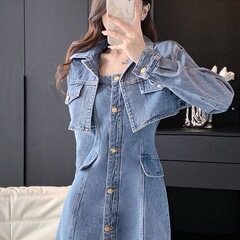 复古港风牛仔套装裙女2025年新款秋季时尚小个子减龄短外套两件套