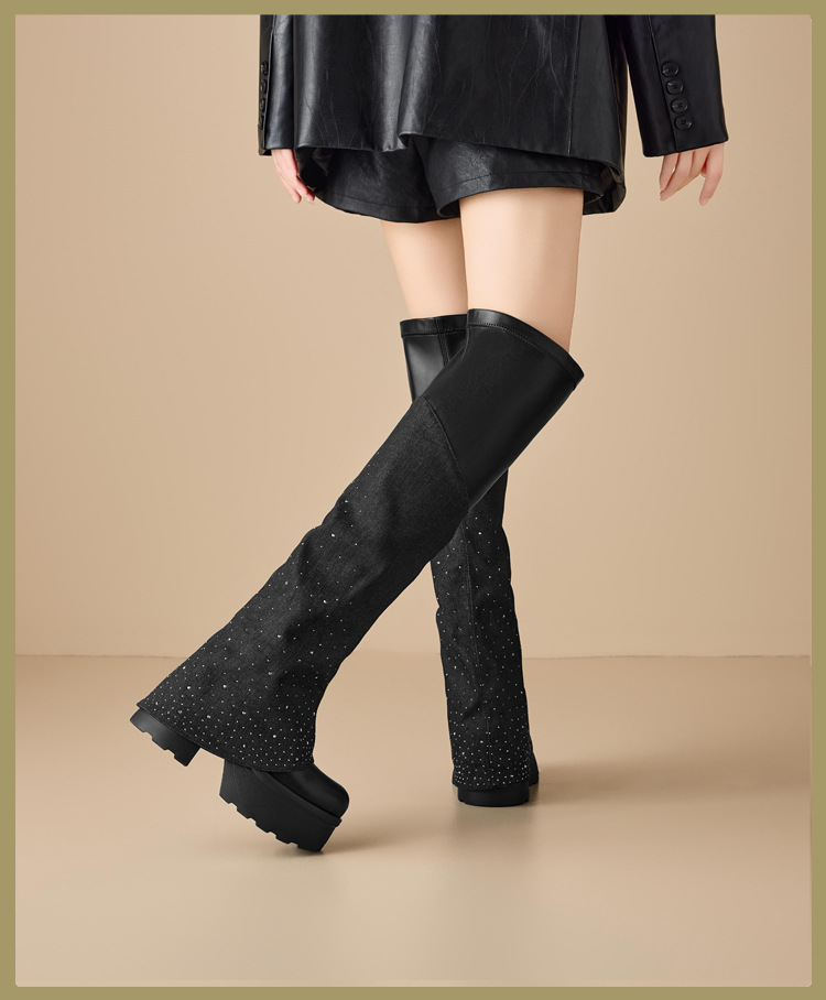 Boot nữ cổ cao quá gối đế dày 12 cm mũi tròn chất nhung đen đính đá dài — nhung đen chi tiết 1