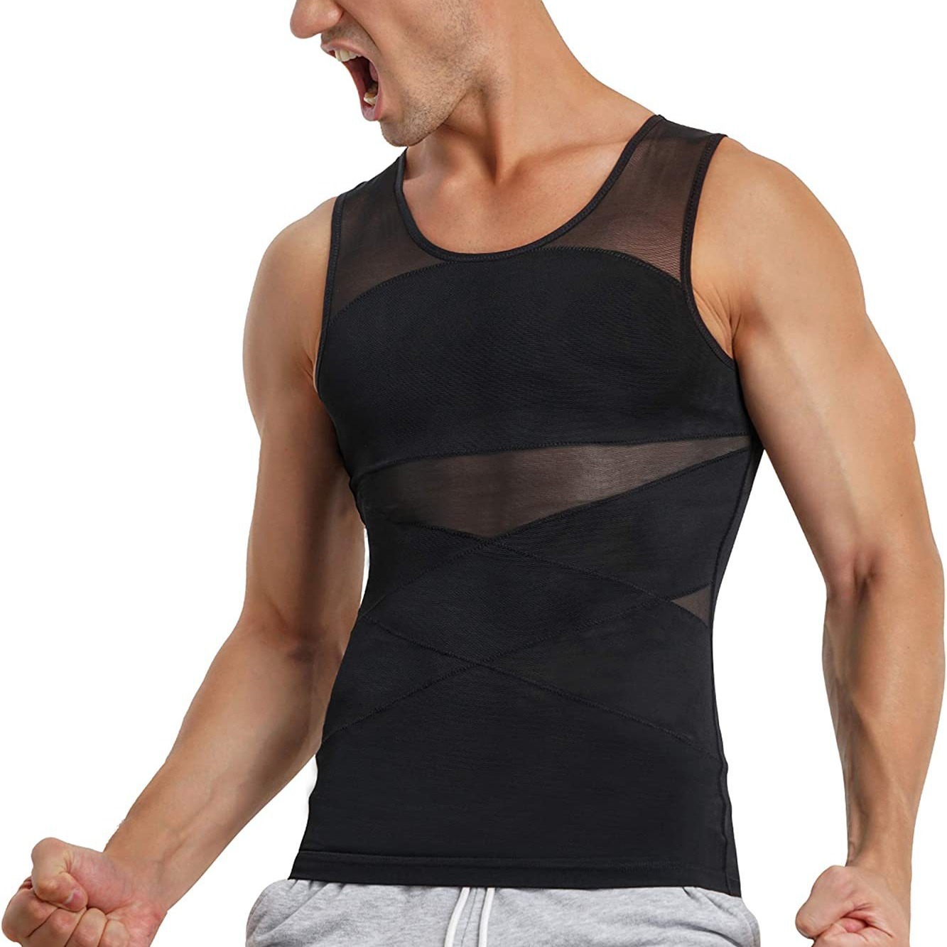 Transfronterizo de los hombres que forma el cuerpo de la ropa de malla transpirable vientre que contrae el vientre que forma el levantamiento de espalda apretado Chaleco de entrenamiento físico