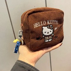 新品オリジナル刺繍キティちゃんポーチ栗色コーデュロイ大容量収納口紅イヤホン小方バッグ