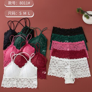 French Style Triangle Cup Bra suit Women's Sexy Beautiful Back Hollow Lace Non-rimmed Underwear Panties Two-piece Set